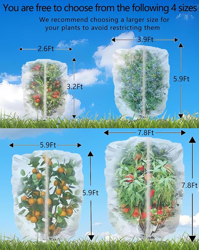 4 Pack Fruit Tree Netting with Zipper & Drawstring, 2.6 x 3.2 Ft Reusable Blueberry Bush Netting Cover, Durable Bird Netting for Vegetables, Trees, Bushes in Garden