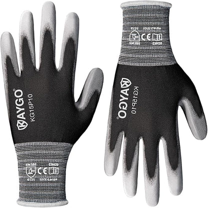 KAYGO Work Gloves PU Coated 12 Pairs, KG15P,Nylon Liner with Flexible Polyurethane Coating,Safety Work Gloves for DIY, Assembly, Warehouse, Light Duty Work (X-Large, Black)