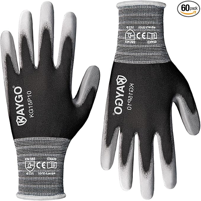 KAYGO Work Gloves PU Coated-60 Pairs, KG15P, Nylon Lite Polyurethane Safety Work Gloves, Gray Polyurethane Coated, Knit Wrist Cuff, Ideal for Light Duty Work (X-Large (60Pairs), Black)