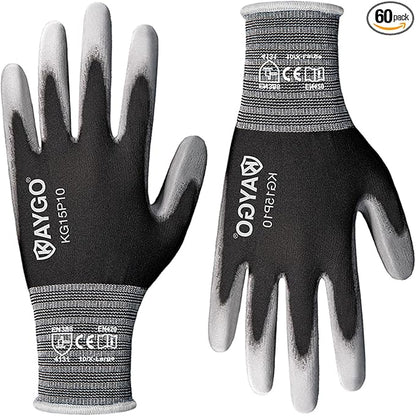 KAYGO Work Gloves PU Coated-60 Pairs, KG15P, Nylon Lite Polyurethane Safety Work Gloves, Gray Polyurethane Coated, Knit Wrist Cuff, Ideal for Light Duty Work (X-Large (60Pairs), Black)