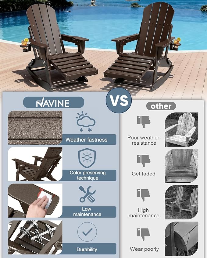 Adirondack Rocking Chairs Set of 2 with Retractable Ottoman, All Weather Folding Adirondack Chair with Two Cup Holders, Adirondack Outdoor Rocking Chairs for Porch, Patio, Balcony. Coffee