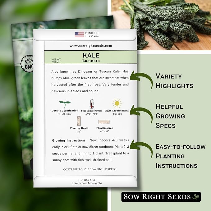Sow Right Seeds - Lacinato Kale Seed for Planting - Non-GMO Heirloom Packet with Instructions to Plant a Home Vegetable Garden - Very Nutritious Superfood, Grow This Dinosaur Variety (2)