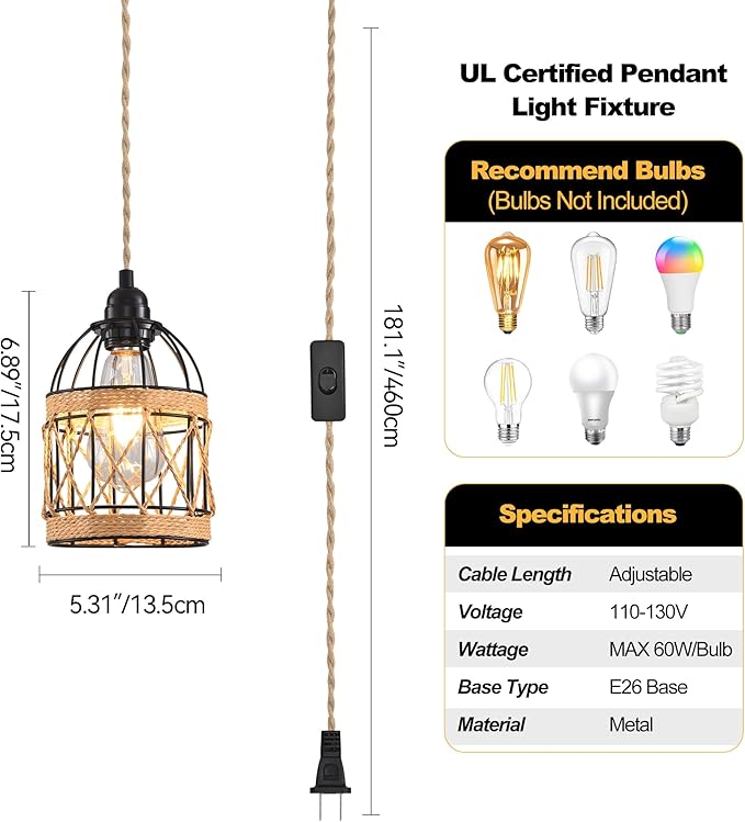Plug in Pendant Light, Industrial Hanging Light with Plug in Cord Hemp Rope On/Off Switch Farmhouse, Vintage Pendant Light Fixture, Hanging Lamps for Dining Room