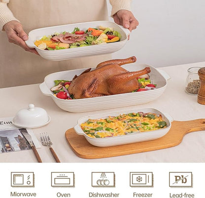 Baking Dish for Oven, Ceramic Casserole Dishes Set for 3, Rectangular Lasagna Pan Deep, Baking Pans with Handle, 12.9“/10.8"/8.4" Bakeware Sets for Cake, Casserole, Kitchen Wedding Gifts, Arctic White