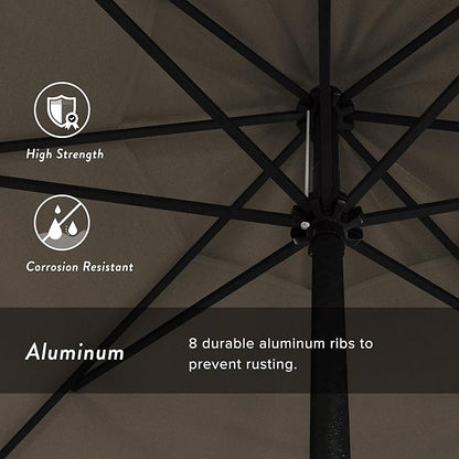 California Umbrella 9' Rd Aluminum Patio Umbrella, Crank Lift, Auto Tilt, Black Finish, Sunbrella Dove