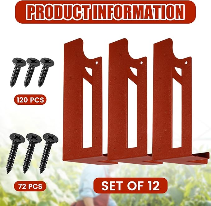 MorningRo 12 Pack Raised Garden Bed Corner Brackets with Securing Lip Fits Lumber up to 2" x 12" Metal Garden Corner Bracket for Wood Frame Bed 4.7" L x 2" W x 10.5" H (Sand Red)