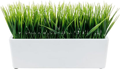 MyGift 14 Inch Artificial Green Grass Plant in Modern White Concrete Planter Window Box, Tabletop Faux Greenery in Decorative Rectangular Cement Container