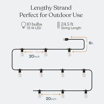 Brightech Ambience Pro USB Powered String Lights - 24 Ft Commercial Grade Waterproof String Lights, Outdoor Shatterproof Patio Lights for Camping, Christmas, Backyard, Porch - 1W LED Soft White Light