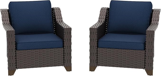 Patio 2 Pieces Wicker Chairs Set of 2，Outdoor PE Rattan Armchairs, Water-Resistant Cushions with Removable and Washable Covers, Porch, Balcony, Sunroom (Navy Blue)