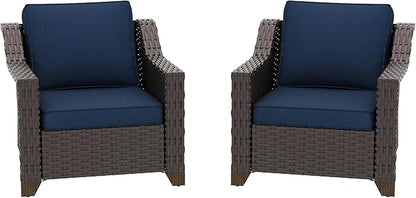 Patio 2 Pieces Wicker Chairs Set of 2，Outdoor PE Rattan Armchairs, Water-Resistant Cushions with Removable and Washable Covers, Porch, Balcony, Sunroom (Navy Blue)