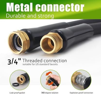 Non-Expandable Garden Hose 25feet, Flexible Water Hose with 10 Function Hose Nozzle, Lightweight, Tangle Free, Rust Proof for Yard (Black)