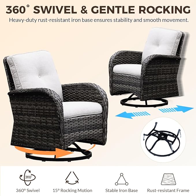3-Piece Swivel Rocking Patio Set with Water-Repellant Cushions and Glass Table, Outdoor PE Wicker Lounge Set for Balcony, Porch, Garden, Backyard, Café All-Weather Bistro Set