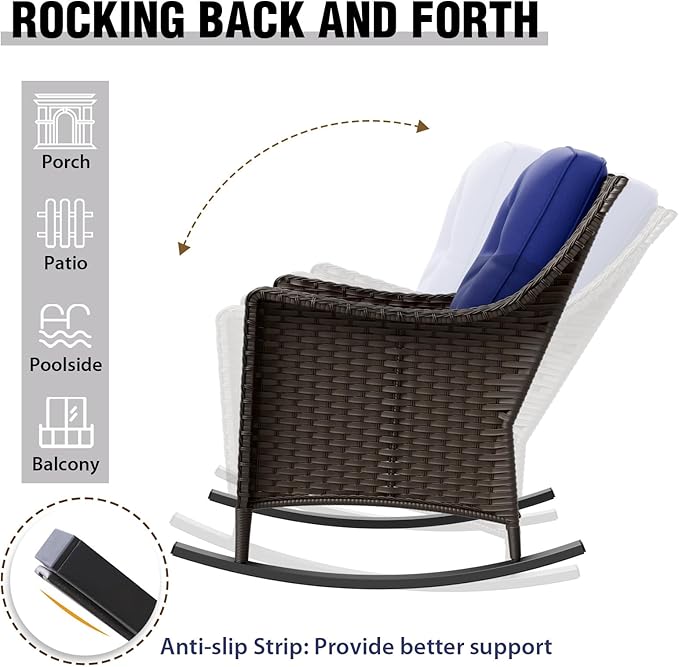 COOS BAY Stone Harbor Wicker Outdoor Furniture Set, All Weather Patio Conversation Sets, Rattan Outdoor Sofa Set, Rocking Chairs, Couch, Ottomans, and Side Table, 6 Pieces, Brown/Blue