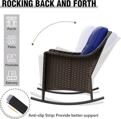 COOS BAY Stone Harbor Wicker Outdoor Furniture Set, All Weather Patio Conversation Sets, Rattan Outdoor Sofa Set, Rocking Chairs, Couch, Ottomans, and Side Table, 6 Pieces, Brown/Blue