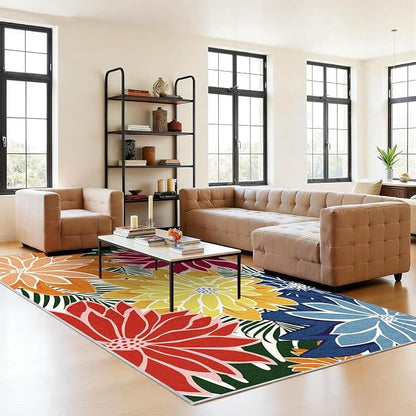 ZonLi Colorful Outdoor Rug 9x12Ft Waterproof Multicolored Indoor Area Rug Washable Outdoor Patio Rugs Tropical Floral Non Slip Outdoor Carpet for Living Room, Pool,Backyard,Deck,Camping