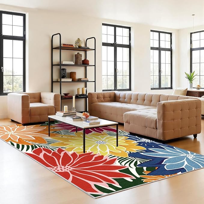 ZonLi Colorful Outdoor Rug 6x9Ft Waterproof Multicolored Indoor Area Rug Washable Outdoor Patio Rugs Tropical Floral Non Slip Outdoor Carpet for Living Room, Pool,Backyard,Deck,Camping