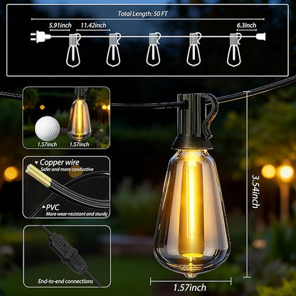 Outdoor String Lights, LED Outdoor Patio Lights Waterproof 50FT with 25+2 Shatterproof ST38 LED Bulbs, 2700K Outside Hanging Light for Backyard, Porch, Deck, Garden, Home Decor