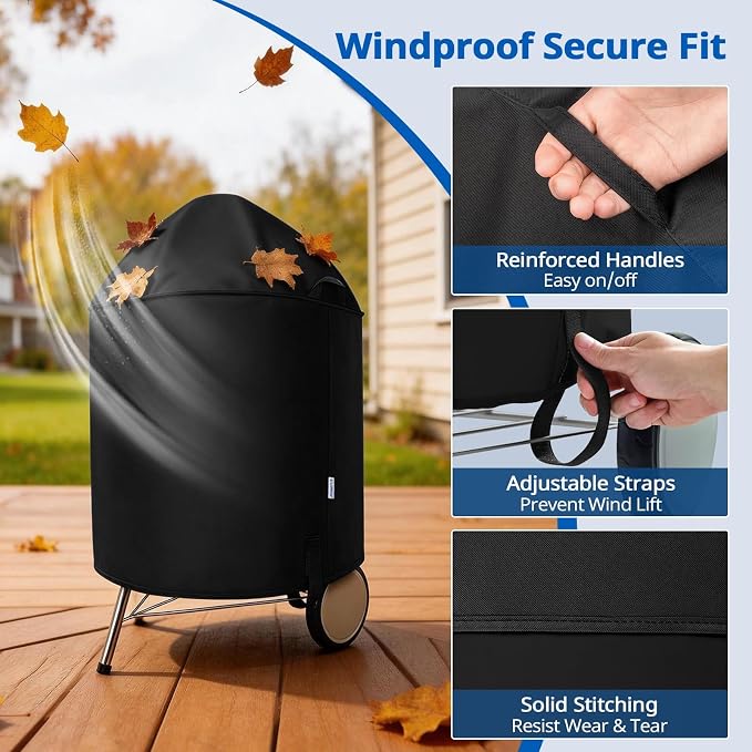 SunPatio Heavy Duty Waterproof Grill Cover Compatible for Weber, Big Green Egg, Char-Broil 22 Inch Charcoal Kettle Grills, Outdoor FadeStop BBQ Cover, Compared to Weber 7150, 27.5" Dia x 38" H