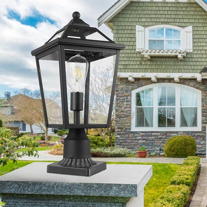 Colonial Outdoor Post Light Fixture, 8.5 Inch Large Modern Exterior Pillar Lantern with Black Finish & Clear Glass, Pole Light for Garden, Backyard, Courtyard, Patio, Pathway,RZ-033P BK-1