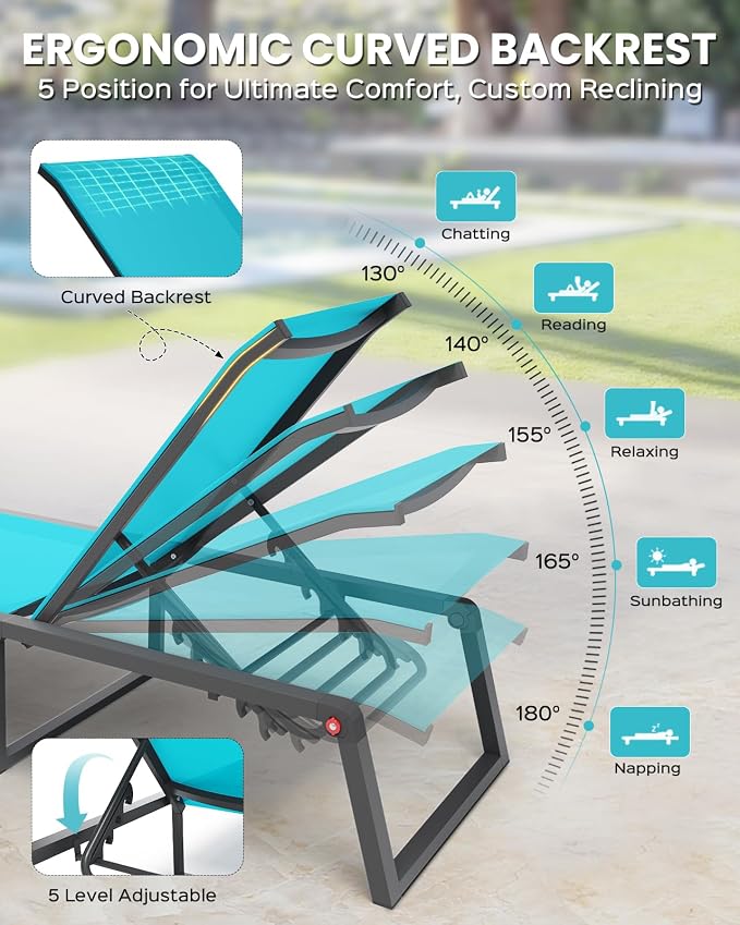 Aluminum Chaise Lounge Chair Outdoor, Foldable& No Assembly Patio Pool Lounge Chairs 5-Position Recliner for Outside, Fully Grounded Legs Sun Lounger for Poolside, Lake Blue, 2 Pack