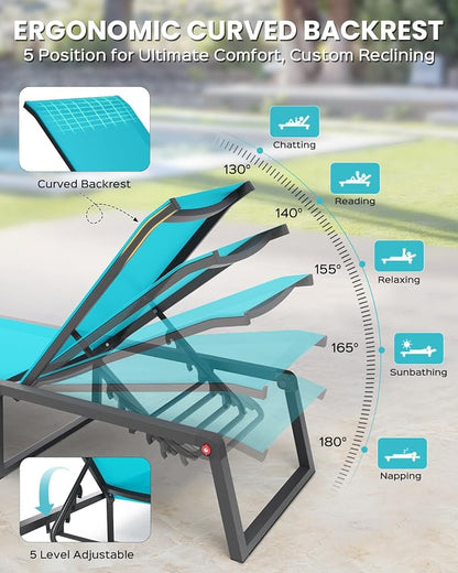 Aluminum Chaise Lounge Chair Outdoor, Foldable& No Assembly Patio Pool Lounge Chairs 5-Position Recliner for Outside, Fully Grounded Legs Sun Lounger for Poolside, 4 Packs Lake Blue