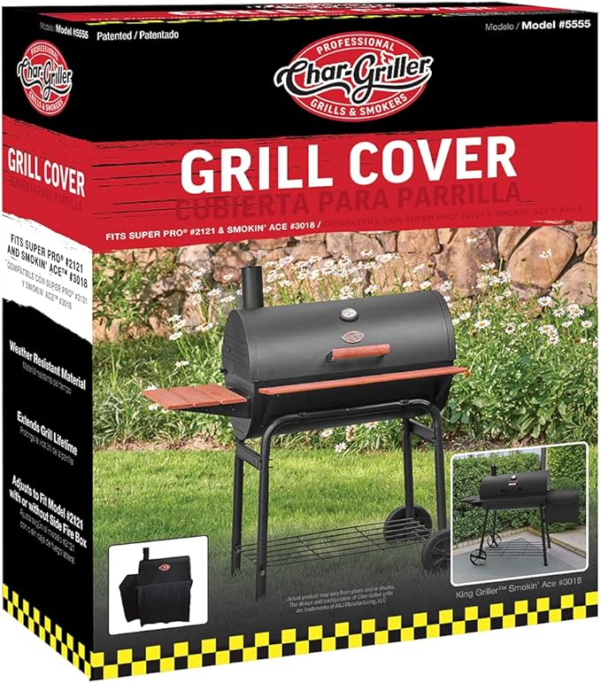 Char-Griller® Durable Polyester Grill and Smoker Cover with Waterproof Material, PVC Lining, and Extendable Design in Black, 46"L x 23"W x 48.5"H, Model 5555