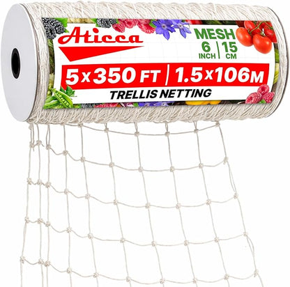 ATICCA Trellis Netting 5 x 350 ft Heavy Duty Polyester Plant Support Netting White - 6 Inch Garden Rope Trellis on Roll - Mesh Twine for Growing Vine Climbing Plants, Flowers, Peas, and Tomatoes