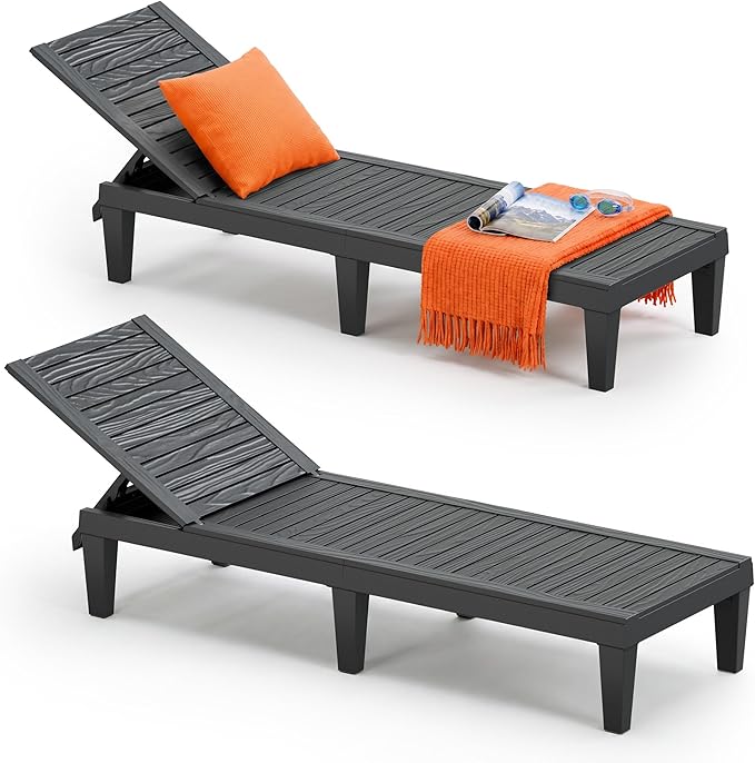 Outdoor Lounge Chair Set of 2, 5-Positions Adjustable Patio Chaise Lounges, Waterproof Tanning Chairs for Poolside, Backyard, Scratch-Resistant & Easy to Clean (Black Striped, Set of 2)