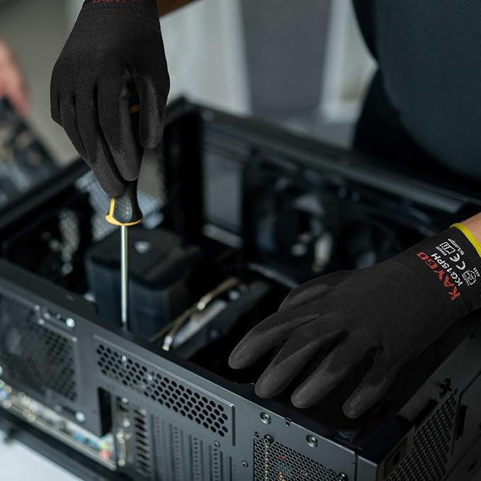 KAYGO Work Gloves PU Coated 12 Pairs, KG15P,Nylon Liner with Flexible Polyurethane Coating,Safety Work Gloves for DIY, Assembly, Warehouse, Light Duty Work (L,Black)