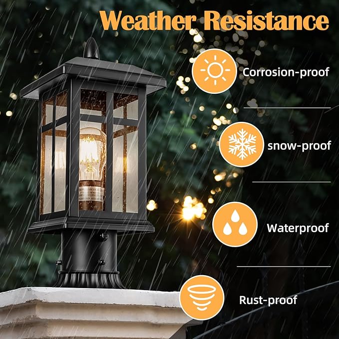 2 Packs Outdoor Post Light, Black Pole Lantern Lighting Fixture with Pier Mount Base, Exterior Lamp Post Lantern with Glass for Garden Yard Patio Path