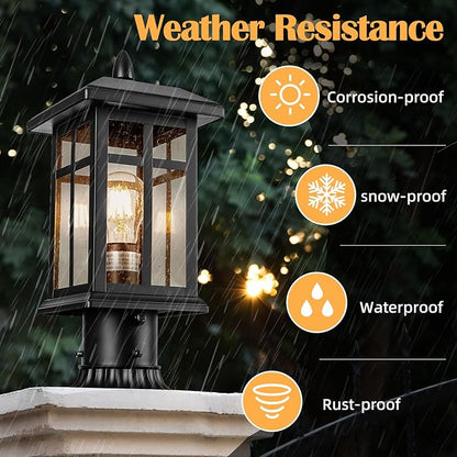 2 Packs Outdoor Post Light, Black Pole Lantern Lighting Fixture with Pier Mount Base, Exterior Lamp Post Lantern with Glass for Garden Yard Patio Path