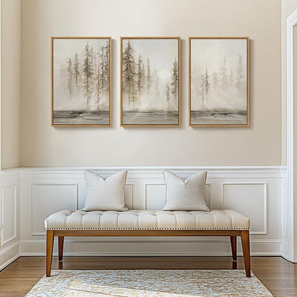 Framed Neutral Pine Tree 3 Piece Wall Art for Living Room, Abstract Modern Landscape Canvas Artwork for Walls, Large Foggy Nature Scenic Painting Prints for Bedroom Hallway Office Wall Decor, 20x30 In