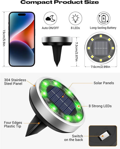 btfarm 16 Pack Solar Lights Outdoor, 8 LED Solar Ground Lights IP65 Waterproof Flat Solar Disc Light, Pathway Lights for Garden Lawn Patio Yard Path Landscape, Green