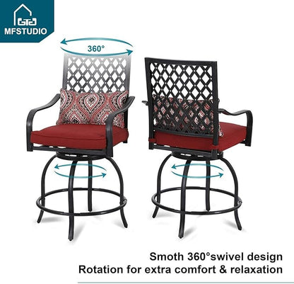 MFSTUDIO 3 PCS Outdoor Patio Bar Sets, 2 Swivel Bar Height Chairs and 1 Metal Bar Table,2 Pack Seat Cushions, Adjust Screw Feet, Black
