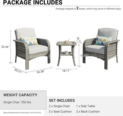 HOOOWOOO Patio Furniture Set,3 Pieces Outdoor Conversation Set,All Weather Wicker Bistro Set Yard Porch High Back Chairs Side Table,Light Gray