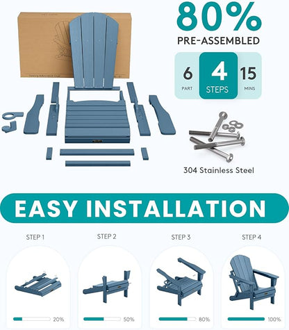 SERWALL Folding Adirondack Chair with Cup Holder Set of 6, Weather Resistant HIPS Lawn Chairs, Wooden Textured, Fire Pit Chairs for Backyard, Garden - Blue