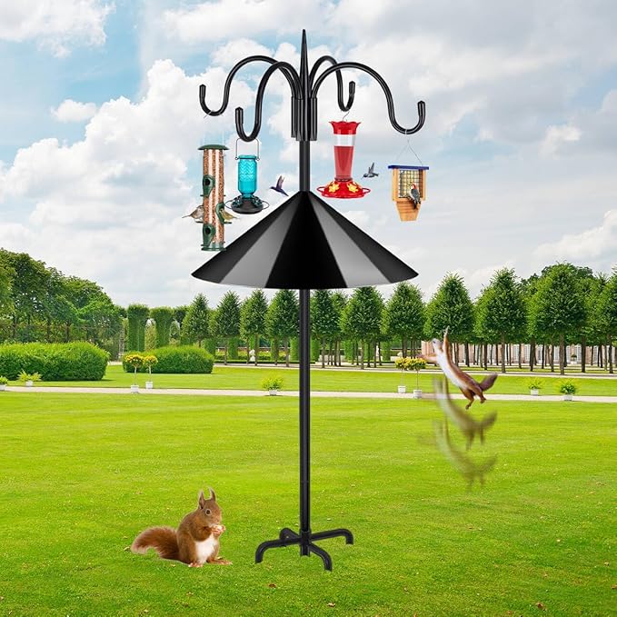 FEED GARDEN Heavy Duty Shepherds Hook Squirrel-Proof Bird Feeder Pole 92" Four Hooks 5-Prong Base & 19" Baffle for Outdoor Feeders & Plants