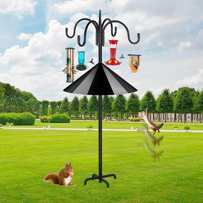 FEED GARDEN Heavy Duty Shepherds Hook Squirrel-Proof Bird Feeder Pole 92" Four Hooks 5-Prong Base & 19" Baffle for Outdoor Feeders & Plants