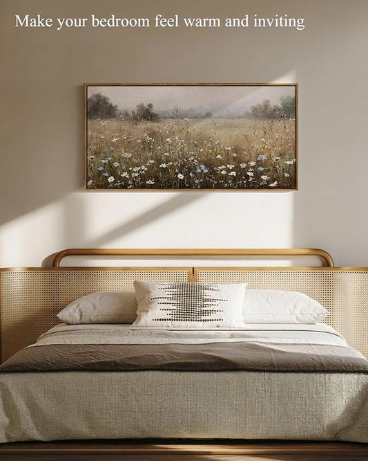 InSimSea Extra Large Framed Vintage Wall Art, Living Room Country Farmhouse Decor, Spring Wildflower Field Landscape Canvas Prints, Retro Scenery Long Pictures for Bedroom Above of Bed, 20x40inch