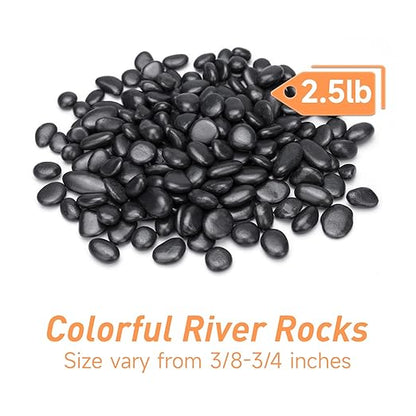 Pulovin 2.5 lbs Black Pebbles for Indoor Plants, Succulent, Bamboo, Vase, 3/8" Plant Rocks for Pots Indoor, Small River Rocks Decorative Pea Gravel, Highly Polished