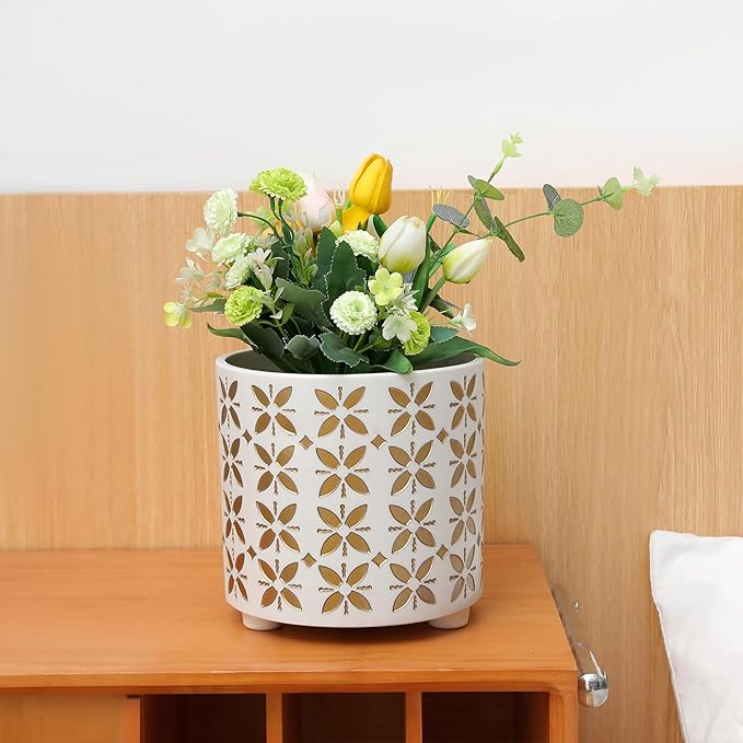 8 Inch Plants Pot, Planter for Indoor Plant, Indoor & Outdoor Flowerpot with Drainage Hole - for Decoration of Home Garden & Terrace, White & Gold