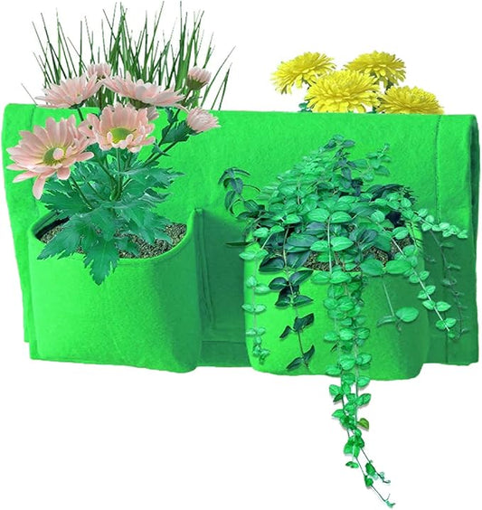 Miewslan Hanging Railing Grow Bag, 4 Pocket Vertical Planter Garden Plant Hanger Grow Bags, Both Sides Fence Fabric Hanging Planter Bag for Salads, Herbs, and Flowers (Green)