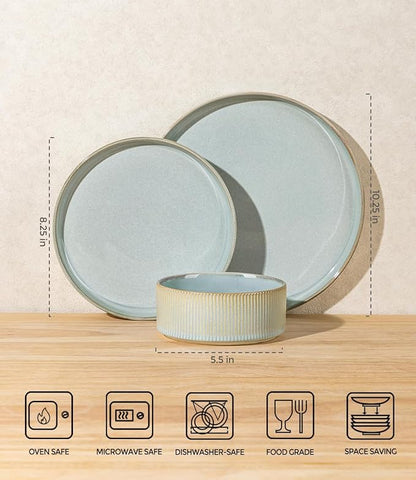 TheTerra Ceramic Dinnerware Sets for 8, 24 Pieces Porcelain Lightweight Plates and Bowls Sets, Scratch Resistant Dish Set, Oven & Microwave & Dishwasher Safe,Illusion Blue