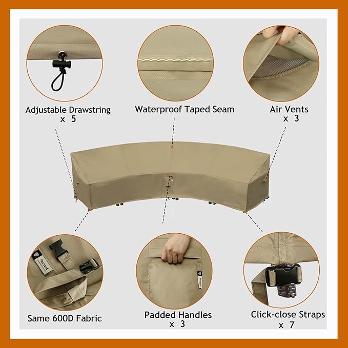 Curved Patio Furniture Cover for Outdoor Sectional Sofa, 190"(128") Reinforced Waterproof 600D Patio Sectional Couch Cover, Half Moon Lawn Outside Garden Furniture Winter Protective Cover