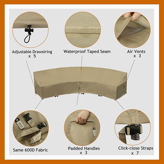 Curved Patio Furniture Cover for Outdoor Sectional Sofa, 190"(128") Reinforced Waterproof 600D Patio Sectional Couch Cover, Half Moon Lawn Outside Garden Furniture Winter Protective Cover
