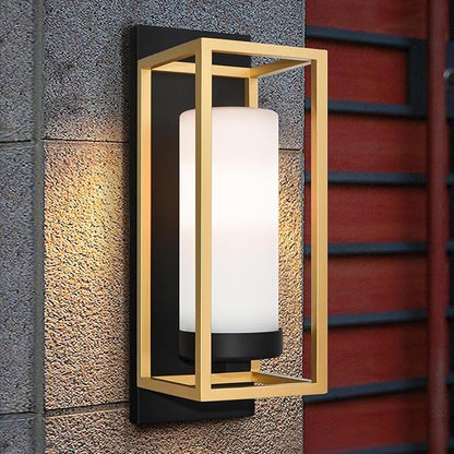 ALVIME Modern Outdoor Wall Light Fixture, 15 Inch Gold Exterior Lighting Fixtures, Waterproof Outdoor Wall Sconce, Porch Outside Lights for House Garage, Front Door, Patio, E26 Base&Etched Opal Glass
