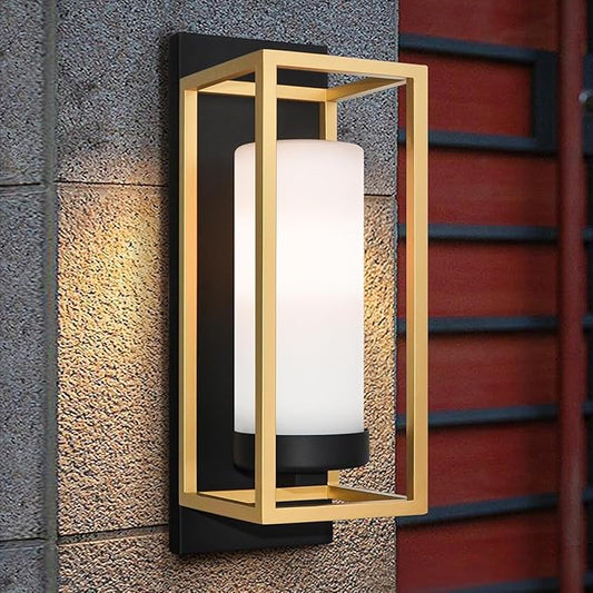 ALVIME Modern Outdoor Wall Light Fixture, 15 Inch Gold Exterior Lighting Fixtures, Waterproof Outdoor Wall Sconce, Porch Outside Lights for House Garage, Front Door, Patio, E26 Base&Etched Opal Glass