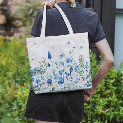 Bencailor 2 Pcs Spring Flower Canvas Tote Bags Reusable Wildflowers Herbs Plant Grocery Bags for Women Shopping Spring Gifts(Fresh)