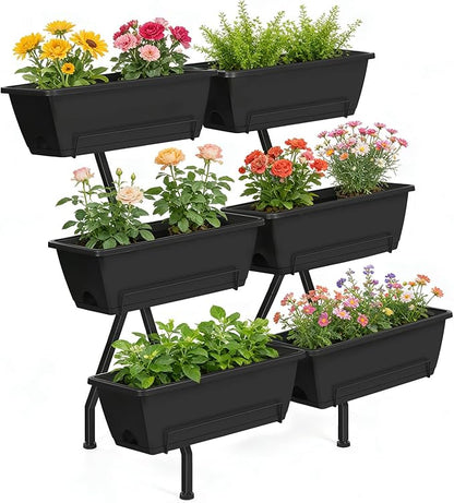 ETELI Vertical Garden Planter 3 Tier Vertical Raised Garden Bed with 6 Garden Planter Boxes Elevated Raised Bed with Drainage Holes Outdoor Standing Garden Planter for Herbs Flowers Vegetables, Black