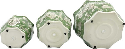 Galt International Green & White Round Fluted Floral Porcelain Ceramic Plant Flower Planter Pot Set of 3 (7.5", 10", 13") Garden Pots Chinese Asian Design